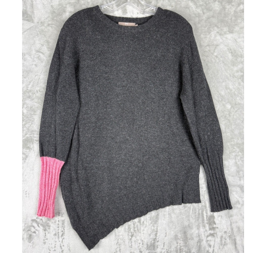 Brodie Cashmere Sweater Womens Medium Grey Pink Contrast Cuff Asymmetrical Hem